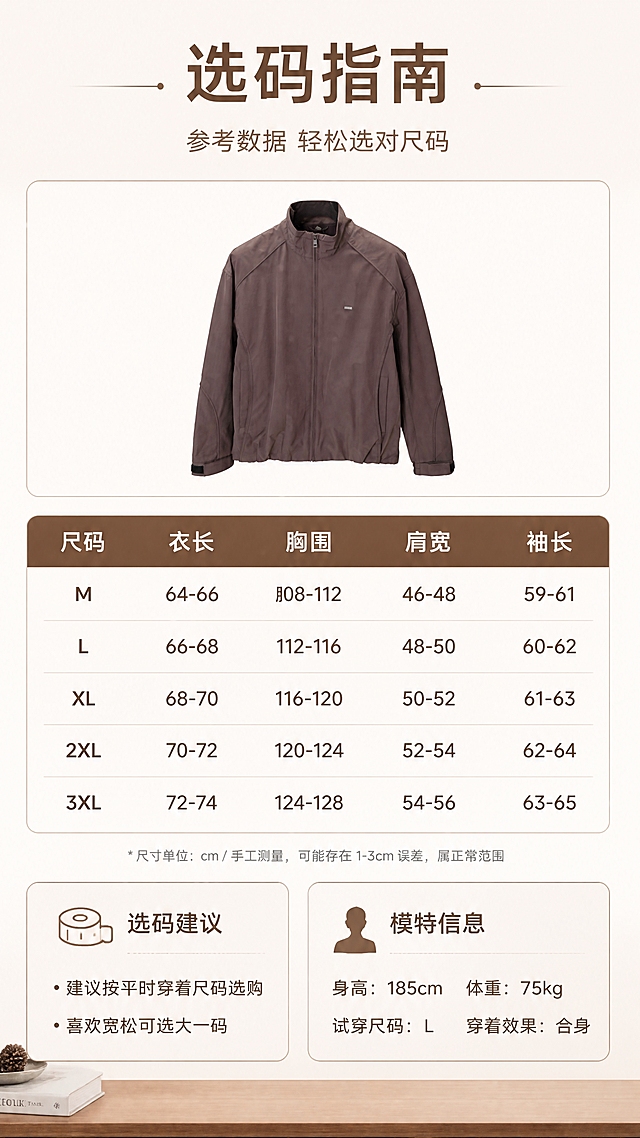 [第6张] 详情页产品信息尺码页-男士咖啡色立领轻商务休闲夹克尺码选购指南。本张使用【图1】作为产品小图展示。
[氛围/风格] 清晰信息卡风，暖棕大地色系，简约规整，易读性强。
[元素布局] 画面上方为夹克正面全貌小图，占比约30%，衣身结构与输入产品图一致，置于浅米色卡片上；中部为清晰的尺码表格，包含尺码（M/L/XL/2XL/3XL）、衣长、胸围、肩宽、袖长等字段（数值用通用范围表示，不虚构精确值）；下方为选码建议与模特信息小模块；背景为浅米色渐变，底部有浅棕色台面装饰；整体用细棕线与卡片分隔，信息层级清晰。
[光影质感] 产品小图柔光照明，表格区均匀漫反射，整体明亮清晰，阴影浅淡。
[配色色系] 全局底色 #FAF6F0 奶白米；主色咖啡色 #6F4E37；辅助色深棕文字、米白卡片、浅棕线条。
[视角构图] 上产品图 + 中尺码表 + 下选码建议，纵向阅读动线，信息层级分明。
[文字版式] 标题字形为现代无衬线字体，表格文字清晰规整，字重有层级。版式为顶部标题 + 产品小图 + 中部尺码表 + 底部选码提示。主标题「选码指南」，副标题「参考数据 轻松选对尺码」；尺码表表头深棕底白字，表内深棕文字；底部选码建议：「建议按平时穿着尺码选购」「喜欢宽松可选大一码」；文字清晰可读，移动端友好。
[比例分辨率] 9:16 竖版比例，4K 分辨率，文字清晰可辨，高清画质。
[负向提示词] 产品变形，颜色偏差，文字错乱，文字过小，表格模糊，水印，背景杂乱。