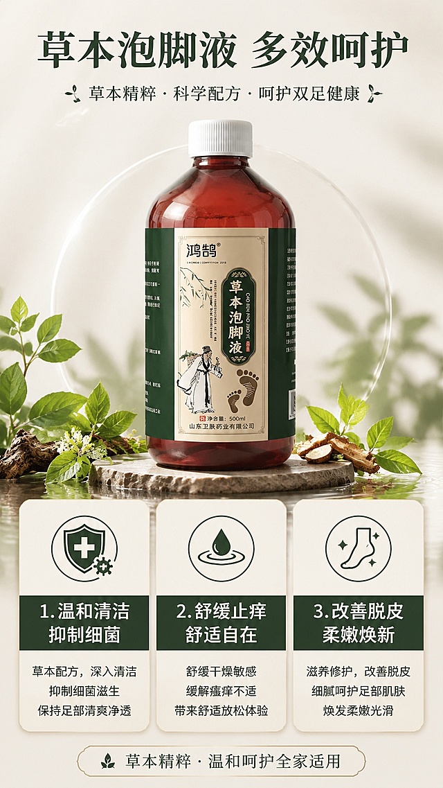 [第5屏] 核心卖点强化，杀菌止痒脱皮多效合一展示。本屏使用【图1】作为产品主体。
[氛围/风格] 专业可信健康护理风，清晰通透，突出产品功效价值。
[元素布局] 三栏卡片式布局，每一栏对应一个核心卖点，卡片配对应图标和说明；产品大图放置在三栏上方，占比约50%，整体构图平衡不拥挤。
[光影质感] 中心柔光聚焦产品，卡片区域均匀打光，信息清晰易读。
[配色色系] 全局底色 #F5F1E9；主色深墨绿；卡片底用浅米白和深墨绿标题栏区分。
[视角构图] 中心聚合式构图，先看产品，再逐栏阅读卖点信息，动线清晰。
[文字版式] 顶部大标题「草本泡脚液 多效呵护」，三栏分别对应：1. 温和清洁 抑制细菌；2. 舒缓止痒 舒适自在；3. 改善脱皮 柔嫩焕新；每栏标题加粗，说明精简，适配移动端阅读。
[比例分辨率] 9:16竖版比例，4K分辨率，文字清晰可辨，高清画质。
[负向提示词] 绝对化用语，产品变形，文字错乱，水印，虚假功效承诺