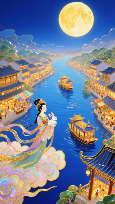 梦幻奇幻风格，全景，近景是嫦娥的怀中抱着小玉兔驾着大祥云，俯瞰着人间。中间是蓝色的河流 ，河流上有两艘精致的楼船，河流两边是万家灯火和热闹的集市，中间偏上是巨大的发光满月，超现实的星空河流世界，梦幻感预览效果