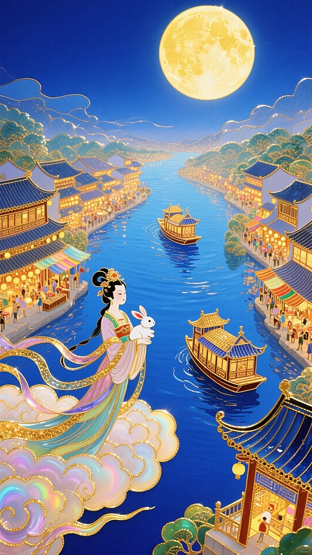 梦幻奇幻风格，全景，近景是嫦娥的怀中抱着小玉兔驾着大祥云，俯瞰着人间。中间是蓝色的河流 ，河流上有两艘精致的楼船，河流两边是万家灯火和热闹的集市，中间偏上是巨大的发光满月，超现实的星空河流世界，梦幻感，色彩以深邃蓝、暖黄为主，搭配金色点缀。
