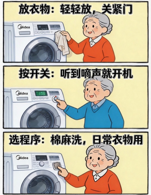 将图片中洗衣机上的品牌文字“美的”替换为小写字母“midea”，其他内容保持不变预览效果