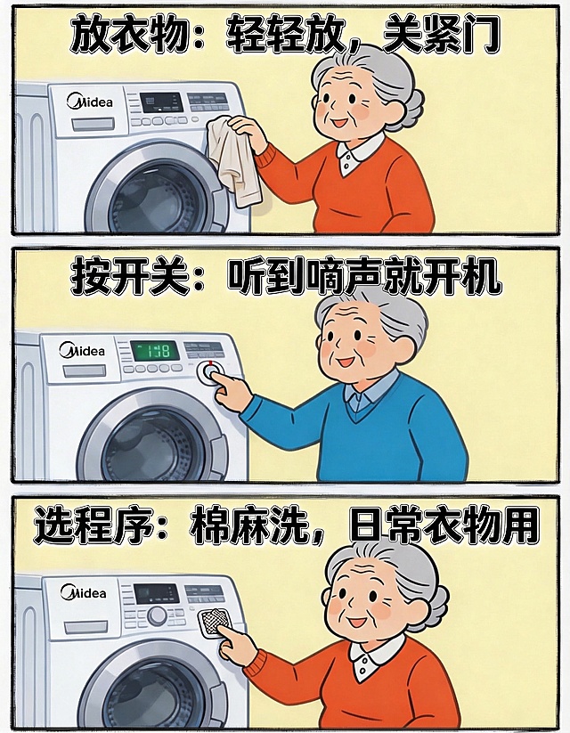 将图片中洗衣机上的品牌文字“美的”替换为小写字母“midea”，其他内容保持不变