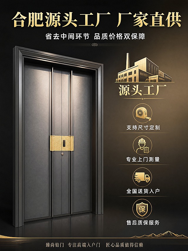 [商品] 使用【图1】春水纹大宅入户门；保留完整外观与结构；做产品精修，保持高端质感。
[画面] 页面目标：传递合肥源头工厂厂家直销信任背书与服务保障。工厂实力服务型，门体侧视图位于画面左侧，占画面约40%。右侧为服务信息区，上方有合肥工厂厂房简约示意图标与「源头工厂」字样，下方排列4项服务保障，每项配金色图标。底部有一条金色装饰线，整体左右分栏布局，信息清晰。背景为深灰渐变，右侧有淡金色光晕突出信息区。
[视觉] 套系策略：风格=东方大宅高端商业摄影 新中式诗意美学；标题字=大气宋体粗体；正文字=简洁黑体；主色=深炭灰；背景延展=基于深炭灰做渐变、右侧淡金色光晕；强调色=哑光金，仅用于标题、图标、装饰线；标题色=哑光金；正文色=米白色；组件=金色服务图标、横向装饰线、信任徽章；光影=左侧产品主光 右侧信息区柔光。
[文字] 顶部主标题横跨画面：「合肥源头工厂 厂家直供」，大号金色宋体，居中。副标题：「省去中间环节 品质价格双保障」，白色黑体。右侧4项服务：1.「支持尺寸定制」配卷尺图标；2.「专业上门测量」配工程师图标；3.「全国送货入户」配货车图标；4.「售后质保服务」配盾牌图标。每项图标在上，文字在下，整齐排列。底部一行小字：「臻尚铂门 专注高端入户门 匠心品质值得信赖」。
[规格] 图片比例3:4竖版，4K，避免变形、错字、文字过小、冷蓝背景、水印、平台logo。