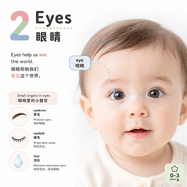 DK儿童百科风格的0-3岁婴幼儿身体认知绘本内页，1:1方形排版，主题为2. 眼睛 Eyes，英文标题、中文标题、彩色编号2、虚线箭头标注标注眼睛、小器官图标、简洁双语文案，DK百科式排版，白色背景，浅景深，低饱和莫兰迪配色，治愈系儿童绘本风格，高清8k，ultra detailed
