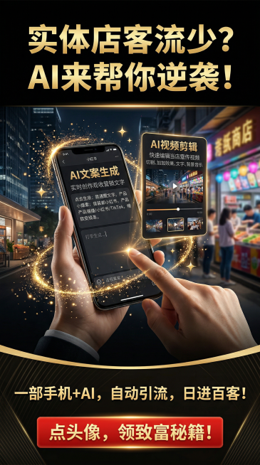 小红书风格竖版营销海报，顶部用金色加粗字体搭配黑色背景写着“实体店客流少？AI来帮你逆袭！”，中间展示AI工具在手机上快速生成文案和剪辑视频的动态画面，搭配金色闪光装饰，下方用白色字体写着“一部手机+预览效果