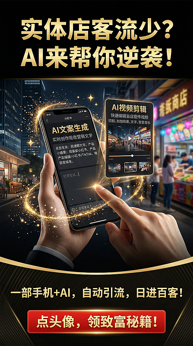 小红书风格竖版营销海报，顶部用金色加粗字体搭配黑色背景写着“实体店客流少？AI来帮你逆袭！”，中间展示AI工具在手机上快速生成文案和剪辑视频的动态画面，搭配金色闪光装饰，下方用白色字体写着“一部手机+AI，自动引流，日进百客！”，底部用红色按钮样式写着“点头像，领致富秘籍！”，风格高端大气