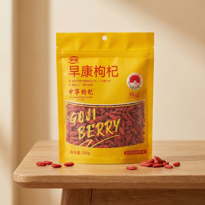 将这袋早康枸杞放置在带有简约木纹的桌面上，背景换成温馨柔和的浅米色，营造出自然健康的氛围，突出产品高品质感，吸引消费者目光预览效果