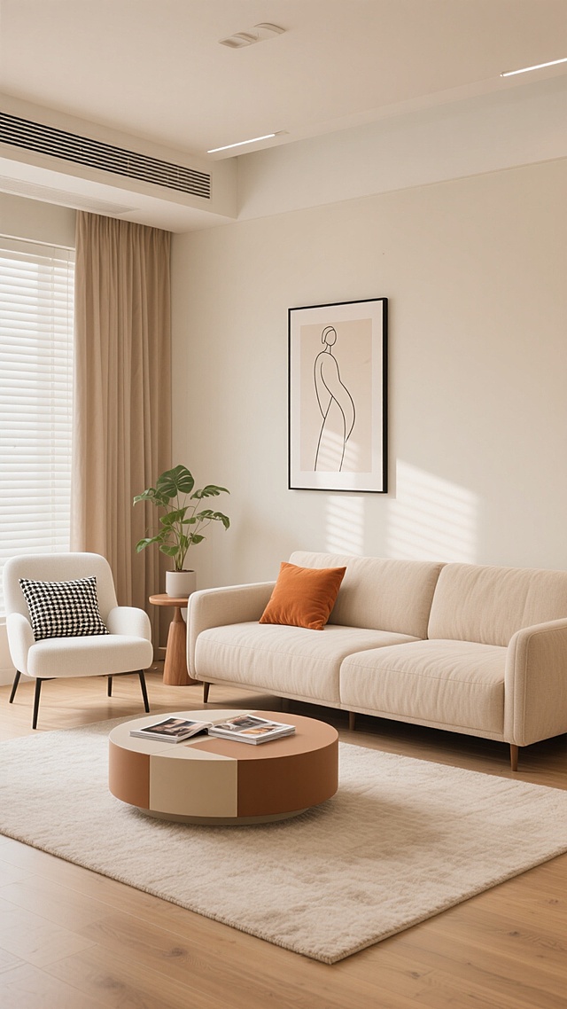 现代简约风格的客厅，以温暖的米色和浅棕色为主色调，柔和的自然光透过百叶窗和米色窗帘洒入室内，营造出温馨舒适的居家氛围。房间中央摆放着一个米色布艺三人沙发，搭配同色系的靠垫和一个橙色的小抱枕，沙发前是一个圆形的浅棕色与米色拼接的茶几，上面放着几本杂志。沙发旁边有一个白色的单人休闲椅，椅子上放着黑白格子的靠垫，旁边的小边桌上摆放着一盆绿色植物。墙上挂着一幅线条简约的抽象人物装饰画，画框为黑色。地面铺着浅色的地毯，木地板延伸至整个房间。整体空间布局合理，线条流畅，软装搭配和谐，充满家的温暖与舒适感，展现出现代简约风格的优雅与实用。