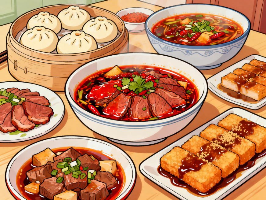 手绘漫画风格，呈现一桌丰盛的诱人中餐，包含圆滚滚的灌汤包、红亮油润的酱牛肉、麻辣过瘾的毛血旺、外酥里糯的红糖糍粑，线条圆润可爱，色彩明快鲜亮，充满烟火气预览效果