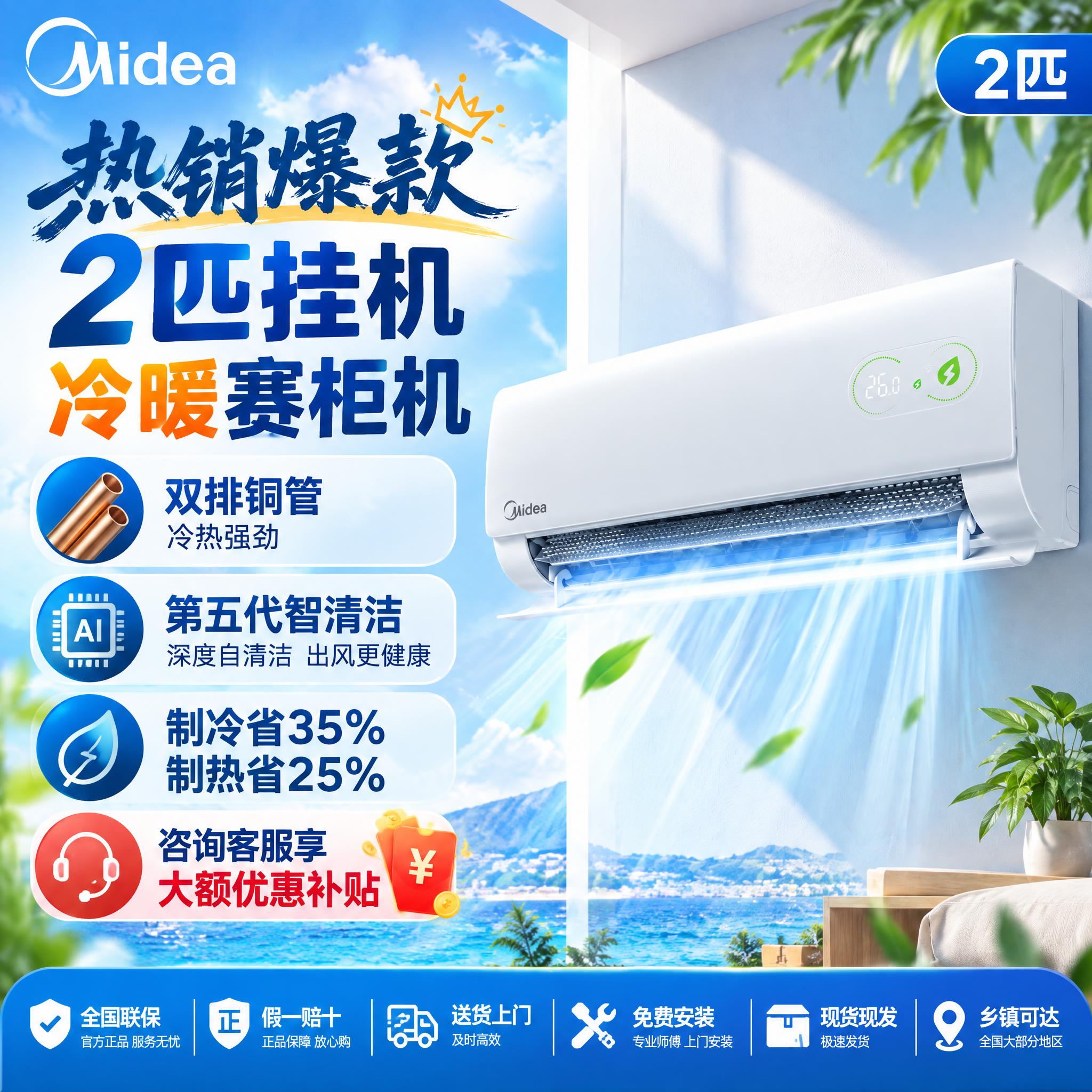 拼多多平台美的空调商品主图，1:1正方形构图，参考图2的版式风… - 图片创意预览