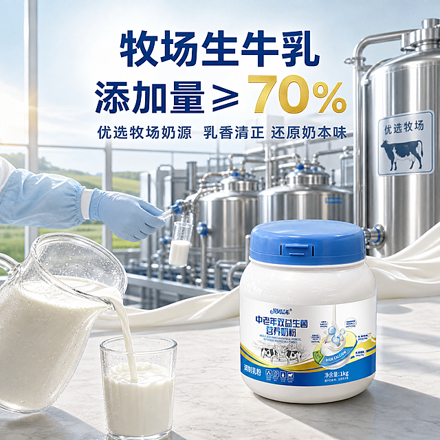 [主图-2] 龙凤晨希 中老年双益生菌营养奶粉 淘宝天猫奶源溯源图 唯一任务是证明生牛乳是这款奶粉的主要原料
[统一基调] 清透蓝白科学营养风 背景主色为浅天蓝到乳白的清透渐变 标题字色深藏蓝 辅助字色中灰蓝 强调色暖金 标题与说明文字统一使用同一款无衬线粗黑体 只用字号层级区分 信息卡为白色半透明圆角卡片配极细浅蓝描边 图标为浅蓝线性圆形图标 整体干净通透 不使用厚重色块底板
[画面] 上下分层结构 上三分之二为室内现代化奶厅实景 大面积落地窗外透入清晨自然光 室内排布数只不锈钢储奶罐与银色输奶管道 地面干净反光 中景只露出一只戴着浅蓝防污袖套的手臂正在进行鲜奶取样 不出现人物面部 下三分之一为浅色石质台面 输入图中的1kg大罐奶粉置于台面右侧 微俯视角度 罐体蓝色翻盖 奶牛彩绘标签与净含量1kg字样保持与输入图一致 台面左侧一只透明玻璃奶壶盛满生牛乳 壶壁挂细密水珠 乳白奶液自壶口自然流入玻璃杯的动态瞬间 奶厅与台面之间由一道自然流淌的奶白液体衔接过渡 牧场元素以场景承接而非纯色背景
[光影质感] 自然光为主光 窗光在台面形成柔和长影 玻璃壶与不锈钢罐有真实反光 产品与台面有真实接触阴影 融入场景不悬浮
[配色] 沿用统一基调 奶厅的浅灰与台面的浅木只作环境色
[文字版式] 沿用统一基调字体与字色 画面上方主标题 "牧场生牛乳 添加量≥70%" 深藏蓝粗黑体 数字用暖金强调并放大 下方辅助小字 "优选牧场奶源" "乳香清正 还原奶本味" 横排 不用逗号 不压住产品与玻璃壶
[输出要求] 比例1:1 文字清晰 产品与奶液质感真实 边缘干净
[负向] 变形 错字 模糊 杂乱 水印 平台Logo 悬浮 穿模 多余手指 绝对化用语 纯色影棚背景