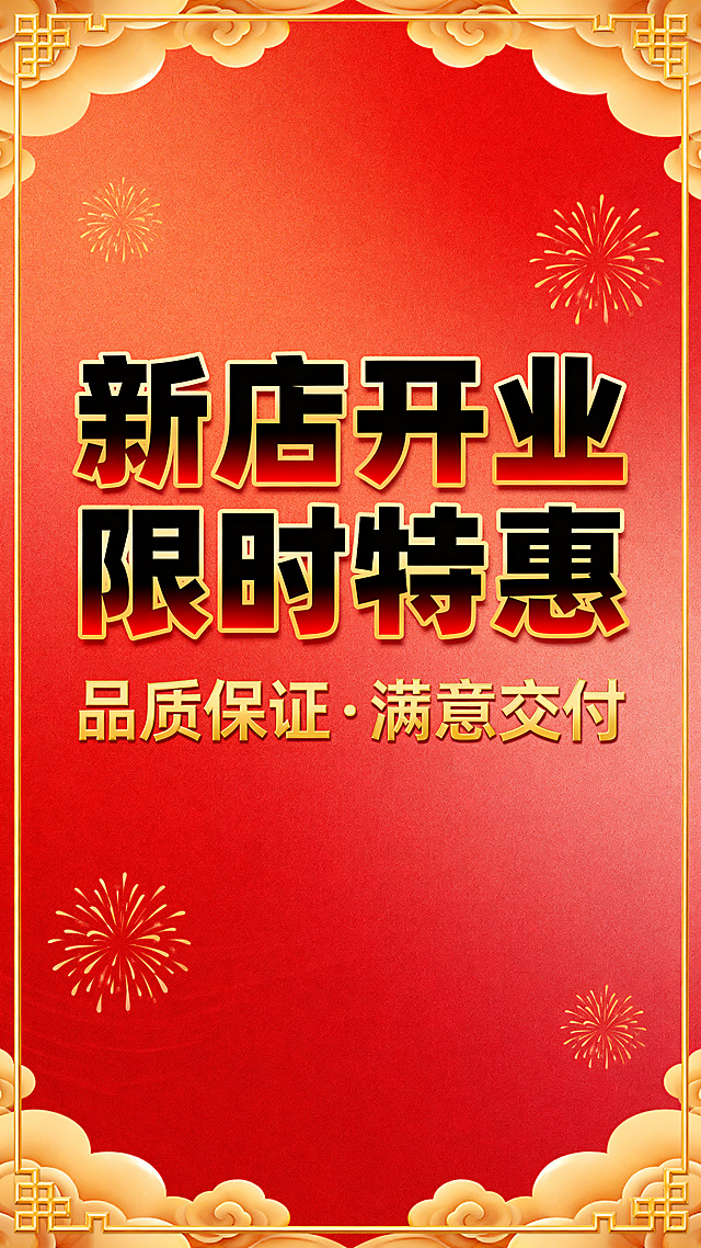 新店开业宣传海报，喜庆红金色调，设计包含醒目的文字"新店开业限时特惠"和"品质保证·满意交付"，大气醒目，适合门店宣传使用