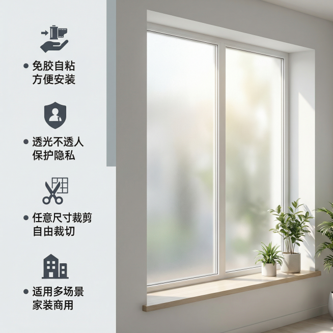 [主图 2 核心卖点展示] 主图主题：静电磨砂玻璃膜核心卖点；氛围/风格：现代简约干净通透；画面元素：左侧垂直排列四个卖点，每个卖点配简约图标，右侧展示贴好玻璃膜的窗户实景，自然光线透入，突出朦胧透光预览效果