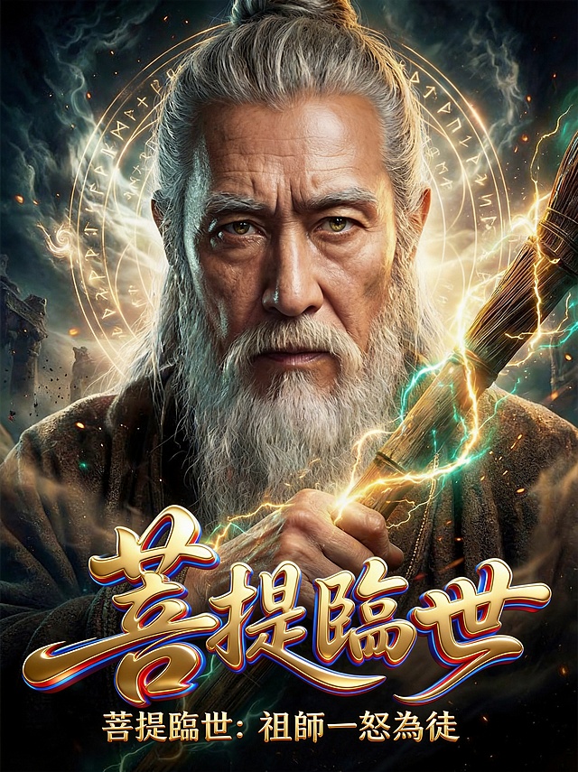 擦除原海报所有文字和信息，在海报下方原来的位置重新设计字体，放置繁中字体“菩提臨世：祖師一怒為徒”，保持和原画面一样的3D黄金立体花体字风格，带有蓝红渐变描边，灵动的曲线设计，带有金色光泽质感，电影海报风格，大师作品，保留原图背景和人物主体不变