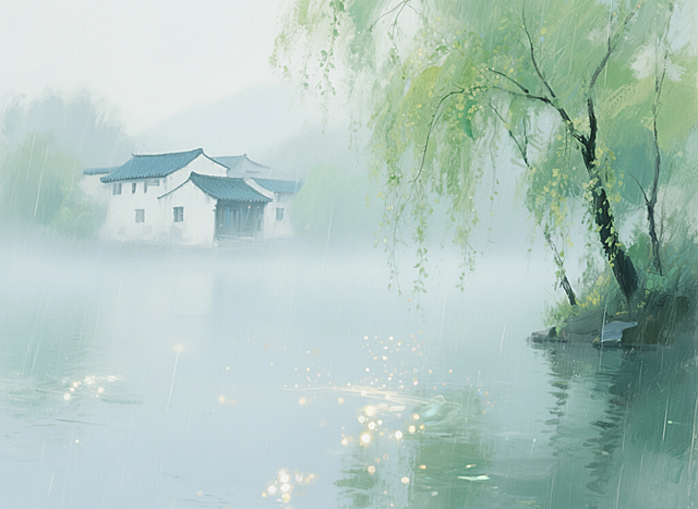 水彩与水墨交融的插画风，朦胧雨雾中白墙黛瓦静立湖畔，柳枝轻拂，光影点点，营造出静谧梦幻的中式意境。