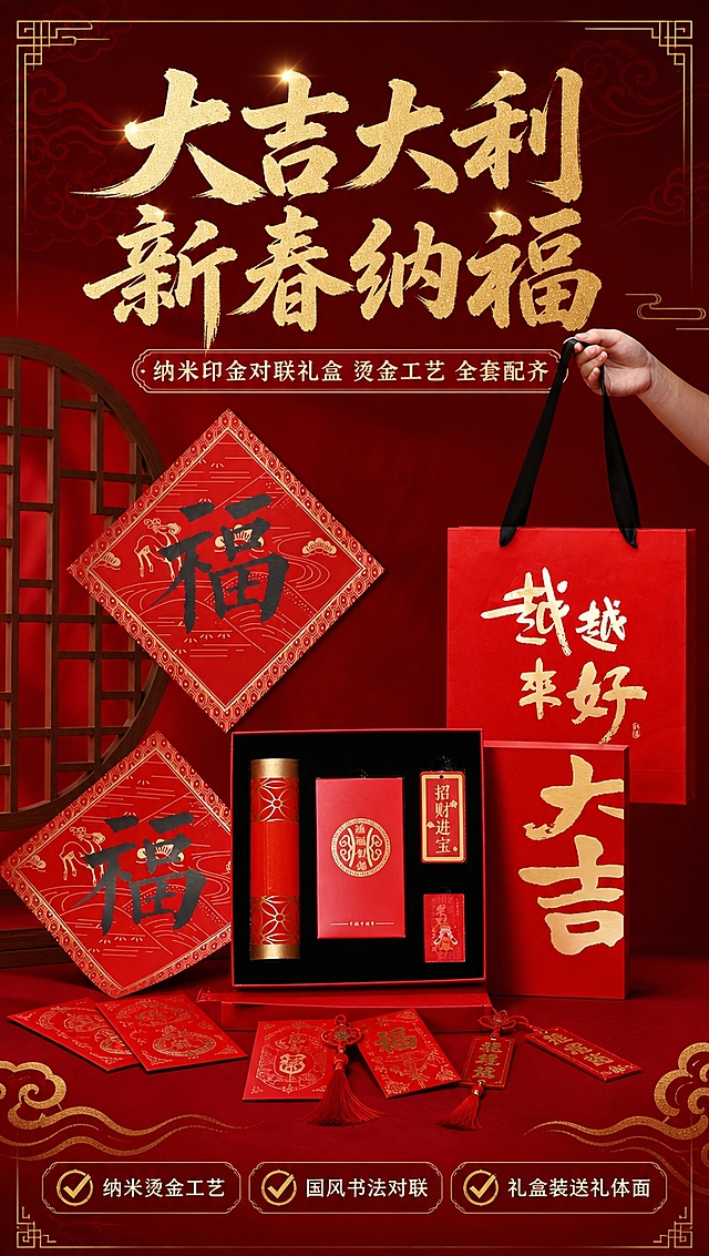 [商品] 使用【图1】纳米印金对联礼盒套装；保留礼盒红色外观、烫金"大吉"书法字体、黑色手提袋、福字斗方、内部黑色植绒内衬、红包/挂饰等配件，保留产品原有文字和图案，不改变产品结构、颜色和材质。
[画面] 页面目标：氛围头图，突出大吉礼盒全家福与烫金高级质感。构图：居中偏右礼盒主体，左侧福字与中式窗棂道具呼应，右上手持手提袋动态入镜，产品占画面65%。景别：中景。前中后景：前景散落红包与挂饰，中景打开的礼盒+福字+手提袋，后景深红渐变背景+中式木窗棂剪影。阅读动线：从上到下，顶部主标题，中部产品主体，底部副标题与卖点。
[视觉] 套系策略：风格=新中式国潮喜庆商业摄影；标题字=书法粗黑体+衬线装饰；正文字=现代简洁黑体；主色=中国红；背景延展=深红到正红渐变、同色系深浅层级、暗纹祥云底纹；强调色=烫金色，仅用于标题点缀、图标、引线和装饰线条；标题色=烫金色；正文色=米白色；组件=金色细线边框、圆角红底信息卡、祥云纹样点缀；光影=左前侧暖柔光，金色高光突出烫金质感，暗部柔和有层次。
[文字] 顶部居中主标题「大吉大利 新春纳福」，副标题「纳米印金对联礼盒 烫金工艺 全套配齐」，底部横排3个卖点：「✅ 纳米烫金工艺」「✅ 国风书法对联」「✅ 礼盒装送礼体面」，文字区不遮挡礼盒主体和福字核心图案。
[规格] 图片比例9:16竖版，4K分辨率，避免变形、错字、文字过小、冷蓝背景、产品颜色改变、烫金质感丢失、极限词。