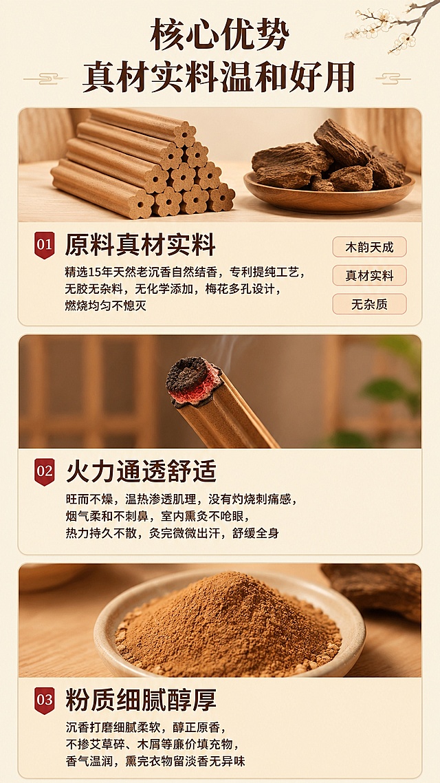 [第3屏] 核心产品卖点解析页面，展示沉香灸三大优势。本屏使用【图1】作为产品参考。
[氛围/风格] 温和国风浅米色，清晰干净，卖点突出，商业质感
[元素布局] 页面分为三个卖点区块，每个卖点配图加文字说明。卖点1：顶部配梅花沉香灸条堆叠+沉香原料实拍图；卖点2：中间配点燃灸条燃烧特写图；卖点3：底部配沉香粉实拍图；整体分区均匀，图文对应
[光影质感] 每个区块光线均匀，产品细节清晰可见，整体明亮通透
[配色色系] 全局底色 #F5F0E6，每个卖点区块浅米色底，文字深棕，标签用浅红底棕字
[视角构图] 竖版9:16，三个卖点从上到下排列，每个卖点图文搭配，上图片下文字
[文字版式] 顶部大标题：核心优势，真材实料温和好用；卖点1标题：原料真材实料，文字：精选15年天然老沉香自然结香，专利提纯工艺，无胶无杂料，无化学添加，梅花多孔设计，燃烧均匀不熄灭；标签：木韵天成/真材实料/无杂质；卖点2标题：火力通透舒适，文字：旺而不燥，温热渗透肌理，没有灼烧刺痛感，烟气柔和不刺鼻，室内熏灸不呛眼，热力持久不散，灸完微微出汗，舒缓全身；卖点3标题：粉质细腻醇厚，文字：沉香打磨细腻柔软，醇正原香，不掺艾草碎、木屑等廉价填充物，香气温润，熏完衣物留淡香无异味；所有文字加粗清晰，适合中老年阅读
[比例分辨率] 宽度1080，高度1920，9:16竖版比例，4K分辨率，文字清晰可辨，高清画质
[负向提示词] 图文错位，文字过小，文字错乱，产品变形，背景杂乱，水印