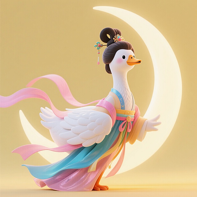 （嫦娥服饰和发型）的拟人化鹅形象坐在弯月上。淡黄色背景