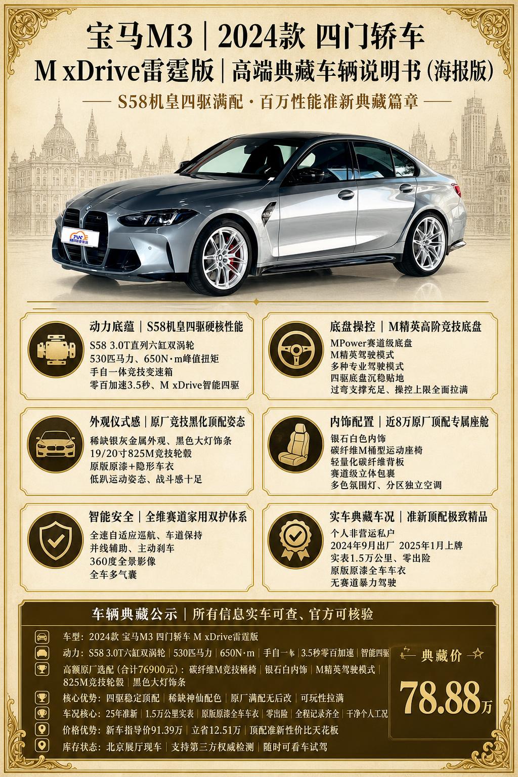 将这张银灰色宝马M3实车图片制作成高端典藏车辆说明书海报版，车… - 图片创意预览