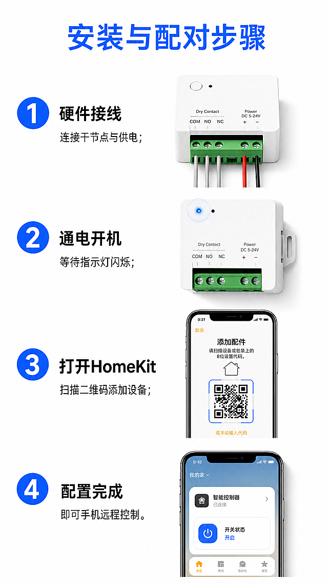[第9屏] 安装连接说明页。讲解产品安装配对步骤，延续整体风格。
[氛围/风格] 清晰步骤展示，浅灰白色背景，易懂直观。
[元素布局] 顶部大标题，下方分四个步骤从上到下排列，每个步骤带编号图标+步骤说明文字，产品图放在右侧辅助示意。排版清晰，步骤间距充足。
[光影质感] 整体光线均匀，编号图标清晰突出，文字不发虚，可读性强。
[配色色系] 背景 #ffffff；标题蓝色 #165DFF，编号圆形蓝色背景白色文字，步骤文字黑色，保持整套配色统一。
[视角构图] 竖版从上到下步骤排列，手机滑动阅读，符合操作步骤认知顺序。
[文字版式] 顶部标题 "安装与配对步骤"，蓝色加粗居中；四个步骤依次为：1.硬件接线 连接干节点与供电；2.通电开机 等待指示灯闪烁；3.打开HomeKit 扫描二维码添加设备；4.配置完成 即可手机远程控制；每个步骤编号图标+标题加粗，说明文字简洁，字号适合移动端，清晰可读。
[比例分辨率] 9:16 竖版，4K分辨率。
[负向提示词] 步骤错乱，文字模糊，排版拥挤，颜色偏差。