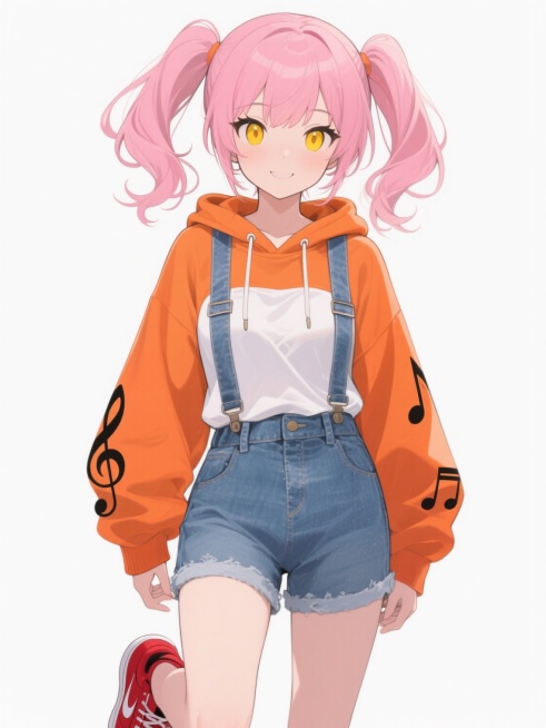 二次元动漫风格立绘，白色背景，正面全身视角，一位有着粉色双马尾的少女，黄色眼眸，表情俏皮可爱，穿着橙色连帽卫衣，内搭白色T恤，下身搭配牛仔背带短裤，脚穿红色运动鞋，卫衣袖子上有黑色音符图案，整体造型青春活力，色彩明快，线条流畅，细节精致，光影柔和，具有动漫插画的质感和美感。预览效果