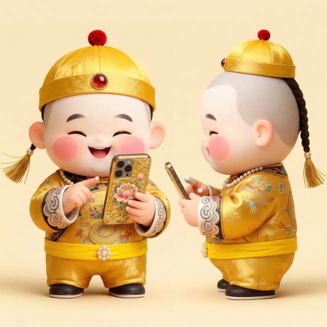 参考参考图的粘土风格、服装龙纹祥云珍珠刺绣细节，分别生成正面和侧面两个角度的Q版粘土乾隆皇帝：头戴缀着红绒结顶的金黄色小帽，帽檐镶着一颗圆润的东珠，大脑门光洁锃亮，剃得溜圆的脑勺后垂着细长的辫子，辫梢预览效果