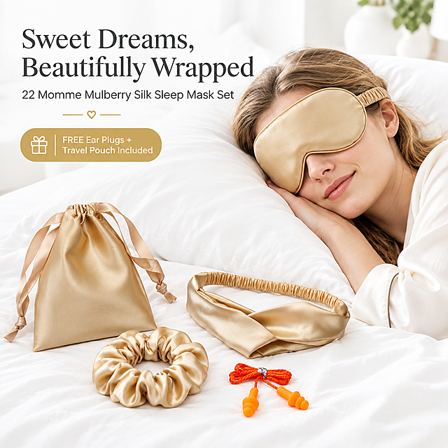 [Amazon Main Image 4 - Lifestyle Scene] 1:1 square, bright clean airy white/light background, all English text. Silk sleep mask set in a real lifestyle scene.

[Scene] A young Western woman (age 25-35, natural minimal makeup) peacefully resting/sleeping on a crisp white pillow in a bright clean bedroom, wearing the champagne gold silk eye mask from the reference product (exact product color and shape). Soft natural window light, white and cream tones, minimal bedroom decor, fresh and serene mood. Beside the pillow neatly arranged: champagne gold silk headband, champagne gold scrunchie, orange ear plugs on a woven cord, and the silk drawstring pouch (all identical to reference product).

[Copy - English]
Main title (elegant dark charcoal serif, upper-left clean area): "Sweet Dreams, Beautifully Wrapped"
Subtitle: "22 Momme Mulberry Silk Sleep Mask Set"
Small highlight badge near accessories (soft gold/white rounded badge): "FREE Ear Plugs + Travel Pouch Included"

[Style] Pure white to very light warm white bright background, clean tidy, no clutter, no hard shadows, bright even soft diffused light, premium sleep-brand aesthetic. Champagne gold product + charcoal text + subtle gold accents. Modern sans-serif small labels, elegant serif main title. 4K quality, sharp and clean, no watermark, no Chinese characters, no spelling errors, no ghosting.