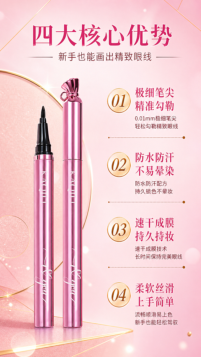 [第2张] 详情页核心卖点页-卡琪丽美眸精细眼线笔四大卖点拆解。本张使用【图1】作为商品主体（粉色金属粉金管身眼线笔）。
[氛围/风格] 精致美妆卖点页，轻奢粉金质感，信息清晰层级分明，商业摄影质感。
[元素布局] 眼线笔开盖状态置于画面左侧中部，占比约40%；右侧为四大卖点编号展示区；背景为浅粉色柔雾底+金色几何线条装饰，点缀金色细闪、几何圆形、柔焦光斑三层元素；笔身结构、粉金颜色、品牌字样与输入产品图一致。
[光影质感] 左侧主光柔和打亮笔身，右侧辅光，笔尖清晰锐利，金属管身高光细腻，底部自然投影。
[配色色系] 全局底色 #FCE4EC 浅粉；主色粉金；辅助色深粉文字、金色编号。
[视角构图] 正面平视，左产品右文案，阅读动线从上到下依次阅读四大卖点。
[文字版式] 顶部主标题「四大核心优势」，副标题「新手也能画出精致眼线」；右侧竖向排列四个编号卖点：①极细笔尖 精准勾勒 ②防水防汗 不易晕染 ③速干成膜 持久持妆 ④柔软丝滑 上手简单；每个卖点配金色圆形编号图标+短描述；文字清晰可读，不遮挡产品。
[比例分辨率] 9:16 竖版比例，2K分辨率，文字清晰可辨，高清画质。
[负向提示词] 产品变形，缺件错件，颜色偏差，水印，文字错乱，产品图模糊，文字过小。