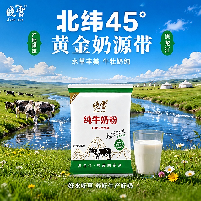 [主图2] 黄金奶源带 草原河流牧场场景。
[氛围风格] 开阔壮丽 水草丰美 黄金奶源带品质感；
[画质] 商业摄影质感 光线明亮通透 草原风光壮丽。
[元素] 晓雪纯牛奶粉袋装产品为主体，正面朝前摆放，位于画面中下部，占画面约40%。**保持奶粉袋外观与输入产品图完全一致，杜绝任何变形和色差**。产品平稳放置在蜿蜒河流边的青草地上，背景是辽阔的草原牧场风光：一条清澈的河流蜿蜒穿过绿色草原、河两岸是丰美的牧草、远处成群的黑白花奶牛在河边饮水、蓝天白云倒映在河水中、远处有白色的蒙古包与风车。左上角放置「晓雪」品牌Logo。产品右侧放一只透明玻璃杯，杯中牛奶在阳光下呈现自然光泽，旁边散落几朵小野花。
[光影] 正午明亮阳光从上方洒落，主光照亮产品正面与草原；河水有波光粼粼的反光，奶牛在草地上有自然阴影；整体明亮通透，色彩饱和度高。
[配色] 主色草原绿 河水蓝 天空蓝；辅色产品绿 金色 白色蒙古包；文字色深绿色 白色。
[视角构图] 微仰视15°，景深大视野开阔，产品位于视觉中心；阅读动线上方壮丽草原→中部产品→底部文案。
[文字版式] 上方天空区域居中：超大数字「北纬45°」白色粗黑体最大号；下方主标题「黄金奶源带」白色粗宋体；副文案「水草丰美 牛壮奶纯」白色细黑体约50%。左侧竖排绿色圆章「产地限定」，右侧竖排绿色圆章「黑龙江」。产品下方一行小字「好水好草 养好牛产好奶」白色居中。文字均放在天空留白区，不遮挡产品。
[输出要求] 1:1比例 文字清晰可辨 超高清商业摄影质感。
[负向提示词] 变形 文字错乱 产品模糊 背景杂乱 水印 电商平台Logo 多余的手 人物面部 悬浮感。