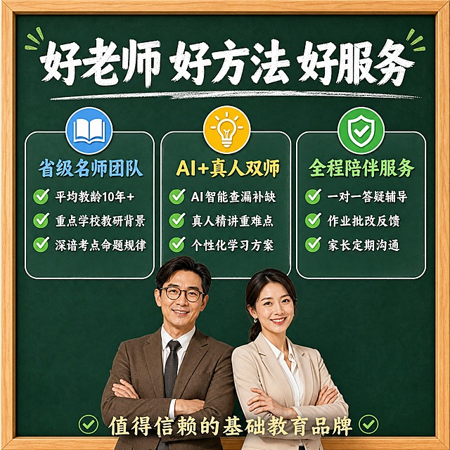 [主图-4] 师资方法与信任背书建立信任，展示师资团队、教学方法和服务保障，让用户相信课程靠谱。
[统一基调] 深墨绿色黑板背景配浅木色边框，粉笔质感白色大字标题，绿色对勾图标点缀，整体风格专业可信又有课堂氛围，拼多多风格大字醒目、信息直白，主标题粗大白底粉笔字，副标题浅黄小字，强调色为亮绿色。
[画面] 画面采用三栏卡片式布局，每栏一个信任维度。左侧卡片展示师资团队，中间卡片展示教学方法，右侧卡片展示服务保障。每张卡片都是圆角矩形，半透明深绿色底配白色边框。卡片上方有对应图标：书本图标、灯泡图标、盾牌图标。画面底部有两位老师形象，一男一女，男老师40岁左右戴眼镜穿棕色西装，女老师30岁左右长发扎马尾穿米色西装，两人并肩站立微笑看向镜头，专业自信。
[光影质感] 教室自然光，柔和均匀，卡片有轻微立体感，人物光影自然。
[配色] 主背景深墨绿色，卡片半透明深绿配白边，图标分别为蓝色、黄色、绿色，主标题白色粉笔字，人物服装棕+米色，木框浅木色。
[文字版式] 顶部大标题"好老师 好方法 好服务"白色粗体粉笔字。左卡片标题"省级名师团队"蓝色字，下面三行白色小字："平均教龄10年+"、"重点学校教研背景"、"深谙考点命题规律"。中卡片标题"AI+真人双师"黄色字，下面三行白色小字："AI智能查漏补缺"、"真人精讲重难点"、"个性化学习方案"。右卡片标题"全程陪伴服务"绿色字，下面三行白色小字："一对一答疑辅导"、"作业批改反馈"、"家长定期沟通"。底部小字"值得信赖的基础教育品牌"。文字全部横排。
[输出要求] 比例1:1，文字清晰锐利，人物形象完整不扭曲，画面干净无杂乱元素，无水印无平台Logo，无错字变形。禁止出现闲鱼、淘宝、拼多多等任何平台标识。