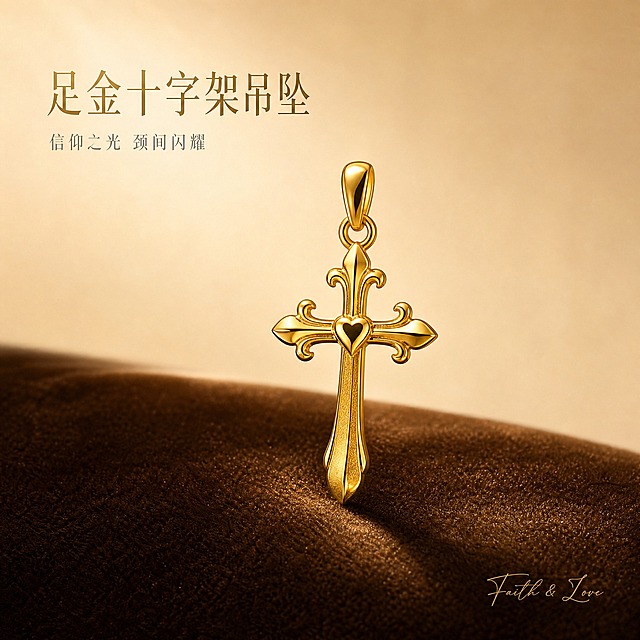 [主图-1] 足金十字架吊坠首图 突出复古精致氛围与身份感 吸引抖音用户点击
[统一基调] 精致高级珠宝摄影风格 香槟金奶油白渐变背景 柔光箱打光 窄条轮廓光勾边 整体色调温暖高级 文字用纤细文艺衬线体 金色主标题 浅灰色辅助文案 极简排版 文字占比小于20%
[画面] 足金十字架吊坠居中偏上放置 主体占画面约50% 十字架造型完整展示 顶部水滴形挂扣清晰 四端鸢尾花雕花精致 中心爱心凸起明显 竖臂下端有拉丝纹理 放置在深棕色丝绒垫上 下方微微投影 背景为柔和的香槟金到奶油白的径向渐变 左上角留白处放主标题 右下角放小号手写体英文装饰 吊坠金属表面精修干净 无指纹无划痕 雕花边缘锐利清晰
[光影质感] 商业珠宝摄影质感 左上45度柔光箱主光 右侧窄条轮廓光勾勒金属边缘 底部轻微反光板补光 金属高光柔和不过曝 暗部有细节 鸢尾花雕花和中心爱心立体感强 整体通透有贵气
[配色] 背景香槟金渐变 主体足金黄色 标题字深金色 辅助字暖灰色 整体暖色调统一
[文字版式] 左上角主标题两行 第一行大字"足金十字架吊坠" 第二行稍小"信仰之光 颈间闪耀" 右下角小号手写体英文"Faith & Love" 文字不遮挡吊坠主体 字体纤细精致 字间距宽松
[输出要求] 1:1正方形比例 文字清晰锐利 产品细节清晰 无变形 无错字 无水印 无平台Logo 背景干净高级