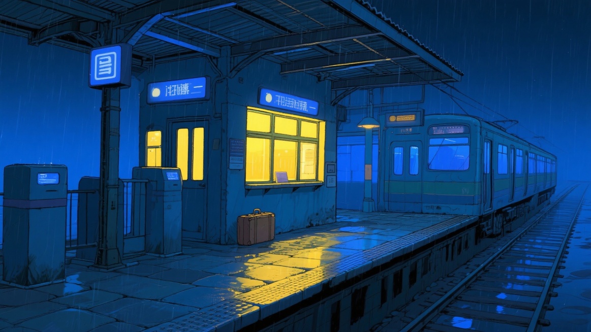 港风二次元，黑夜下雨车站，,安点，细节丰富，蓝色为主、黄色为辅，生成2张，不要人，4k，16:9预览效果