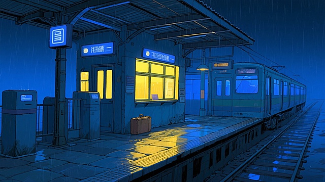 港风二次元，黑夜下雨车站，,安点，细节丰富，蓝色为主、黄色为辅，生成2张，不要人，4k，16:9