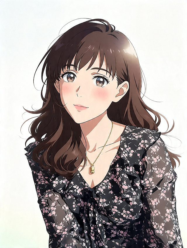 转为新海诚风格或京阿尼风格，一头深棕色的波浪长卷发，发丝略显蓬松，尤其是脸颊两侧的刘海和发梢，线条柔和且富有动感。脸型是标准的鹅蛋脸，下颌线条清晰但不过分锐利，头发用几缕飘逸的发丝线条来表现空气感，特别是脸颊旁的碎发。瞳孔大而亮，加上高光，表现出眼神的灵动。眼线保持柔和，肤色保持白皙通透，脸颊加一点淡淡的红晕。衣服保持黑色底色深邃，碎花图案清晰，使用低饱和度的粉色表现花朵，避免过于艳丽，光源设定为柔和的自然光（窗边光），从人物的左前方打过来。在鼻尖、嘴唇和头发的高光部位加上柔和的高光，增加立体感。