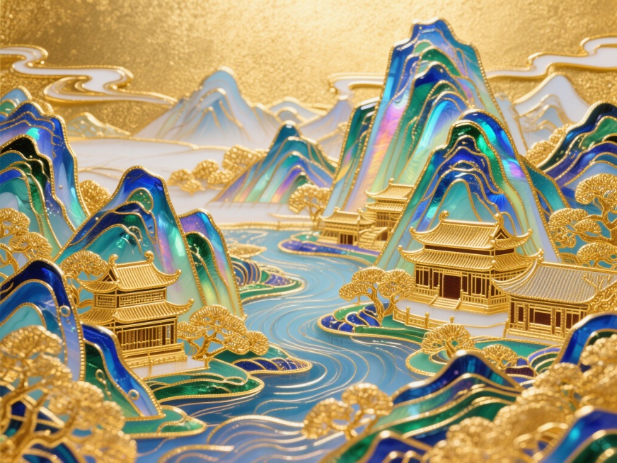 珐琅彩工艺，金色线条勾勒的壮丽风景，中国古代风格的山脉、河流和建筑，构图深远，层次分明，背景是金色，线条边缘清晰，具有强大的三维效果，高分辨率，高清晰度预览效果