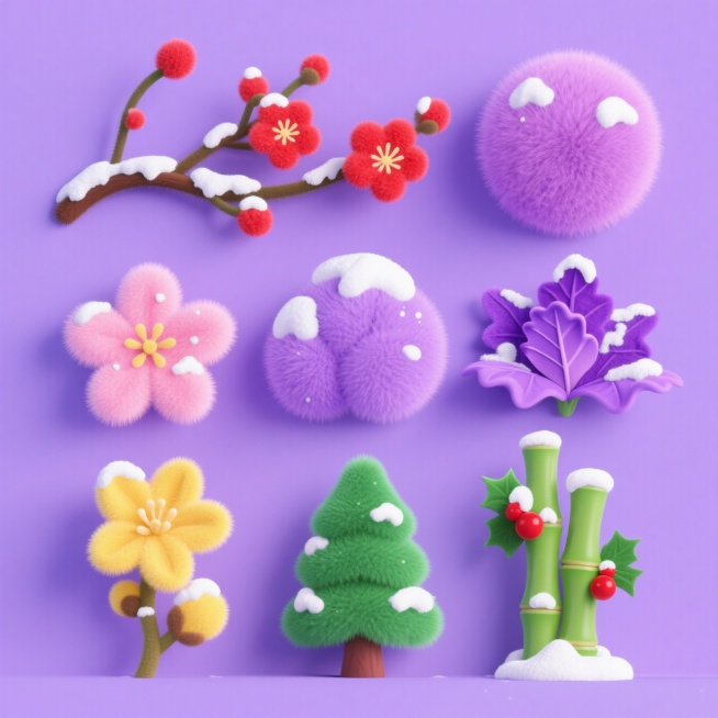 4个冬季植物元素，分别是铁线莲、红色梅花、粉色水仙、紫色羽衣甘南、黄色腊梅、绿色竹子、翠绿色松柏、红色带绿色的冬青上面有雪，三行两列对齐排列，淡紫色纯色背景。植物元素不能重复出现预览效果