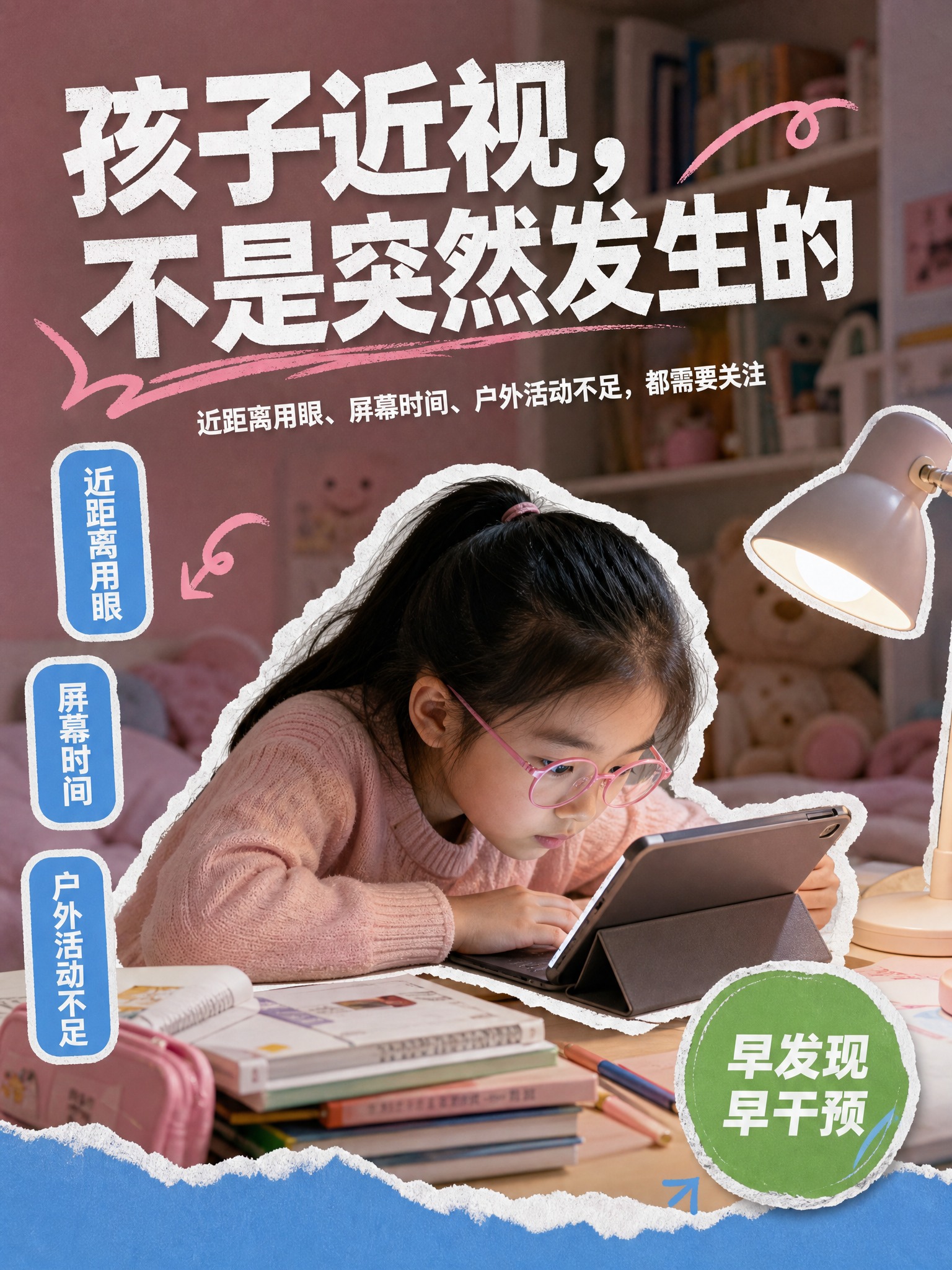 参考第一张海报的撕边拼贴设计风格，重新设计儿童近视主题海报第二… - 图片创意预览