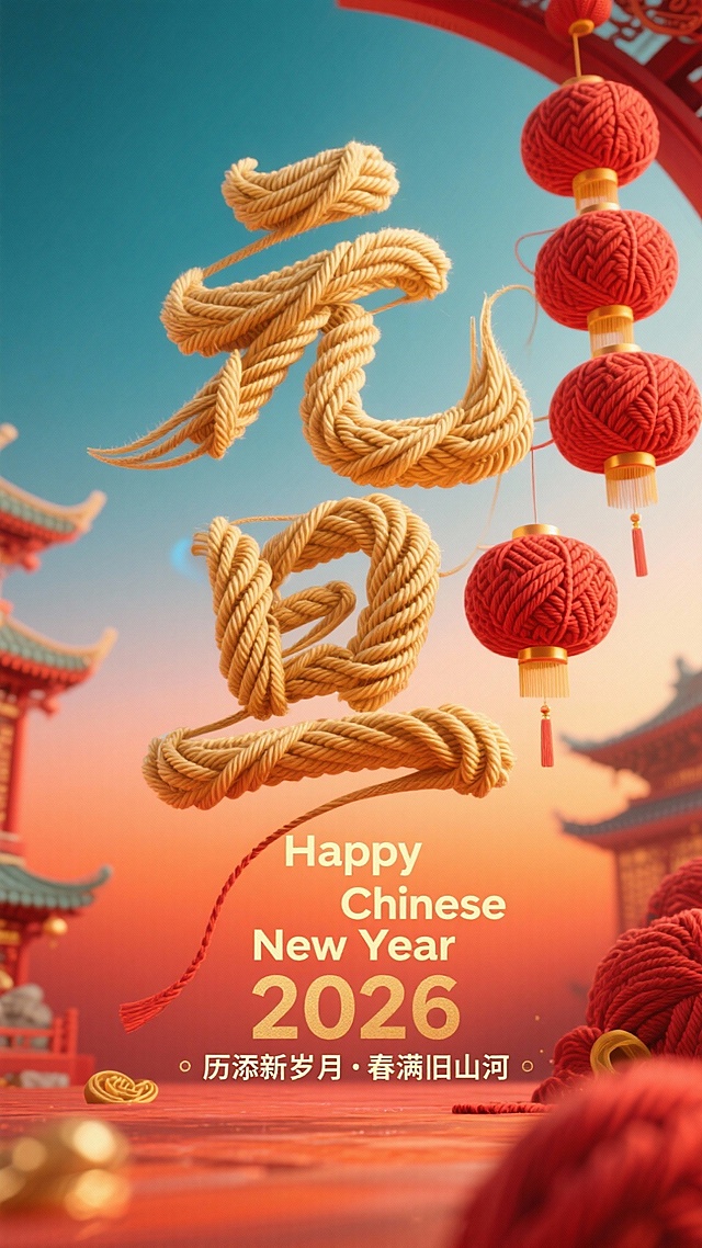 主体为金色毛线质感的 “元旦” 字艺术字（呈细腻的毛线缠绕纹理形态），红色毛线编织质感的灯笼，所有元素呈静态展示状态；场景设定为新年主题氛围场景，背景采用暖橙红渐变色调；风格参考毛线装饰艺术结合传统新年喜庆风格，突出材质的编织纹理与温暖质感；主色调以暖橙红渐变作为背景主色，搭配金色（毛线 “元旦” 字）、红色（毛线灯笼），色调温暖且具喜庆氛围；采用竖向中心聚焦构图，“元旦” 字艺术字占据画面核心区域，相关文字装饰分布于画面上下；细节补充上，融入 “Happy Chinese New Year”“2026”“历添新岁月・春满旧山河” 等新年主题文字，同时添加柔和的光影效果，进一步强化温暖喜庆的新年氛围。