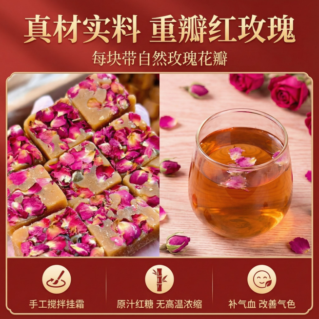 这张图片是产品主体这款产品是云南古法玫瑰红糖 我需要设计20张主图在拼多多上面售卖   主图场景  多增加一些玫瑰红糖水的设计 色调偏微红一些 要求高级  主图文案内容 玫瑰暖养 红润好容颜 古法手作预览效果