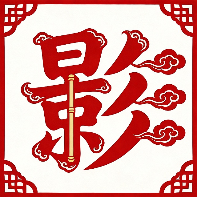 在原图基础上修改，把"影"字右侧的"彡"改成三朵连接在一起的筋斗云波浪造型，在左侧"景"字内部加入竖直的金箍棒造型直线镂空，整个字形边缘添加简单的皮影风格祥云纹装饰，保持红色剪纸风格，结构依然简单好剪，保证字形清晰，文字完整不裁切，纯白色背景