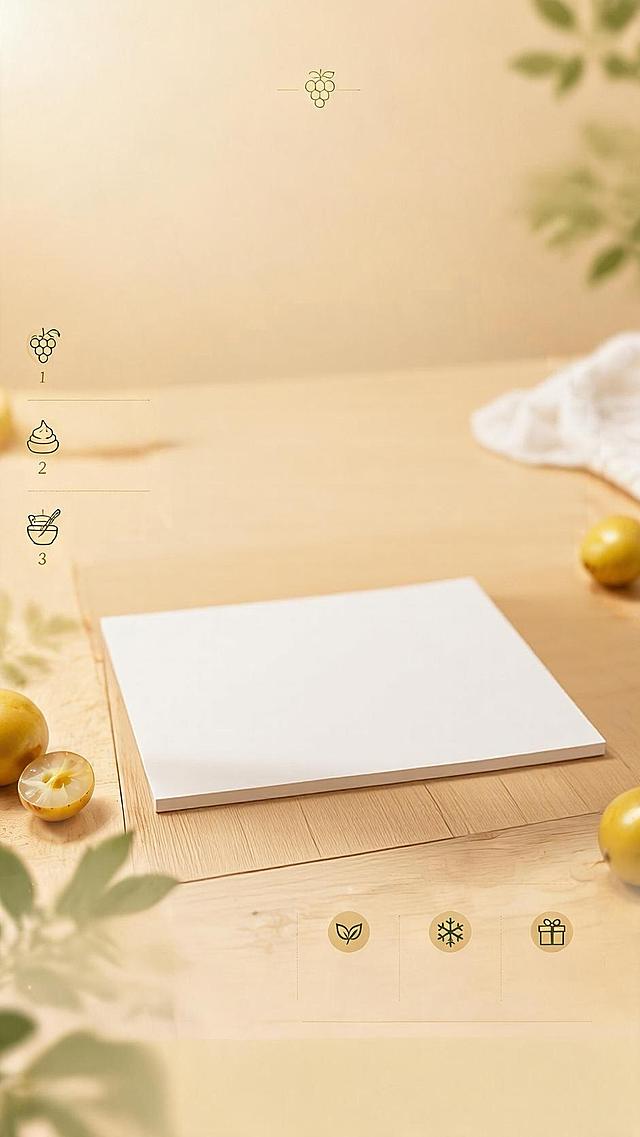 黄皮葡萄奶油蛋糕商品营销海报，写实商业摄影风格，浓郁甜蜜治愈烘焙氛围，新鲜食欲质感，暖光柔和光影。黄皮蛋糕100%还原上传商品图的产品外形，完整保留原图中的蛋糕造型、奶油质感、黄皮切片装饰、结构比例，设计仅作用于背景、光影、道具、版式和文字区。主标题"黄皮奶油蛋糕"，副标题"清甜果香 软绵治愈"，卖点：1. 鲜果果肉，2. 动物奶油，3. 手工现做。背景采用暖米色渐变，蛋糕放置在浅木色台面，点缀少量新鲜绿叶和黄皮切片做前景虚化，整体构图居中单品，留白舒适，层次分明，版式精美，画面比例9:16，分辨率2k，画质超高清。
画面中所有二维码区域使用纯色方块占位符呈现，方块中央标注"二维码占位"文字，严禁生成任何可识别的二维码图案。
画面中所有信息区域、套餐卡片、价格表格、权益列表、对比模块、福利条目、课程大纲、议程、嘉宾介绍区等必须填充完整合理的内容，不得出现空白框、空白占位、横线待填写区域、空列表项、空单元格；用户未提供具体内容时，基于海报主题和场景合理补全典型内容，确保是完整可用的成品海报而非待填写模板。
画面中所有数字必须精确渲染，不得错位、遗漏或编造。