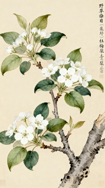 植物学科普图鉴风格，一株开花的野棠梨，也就是杜梨，同时展示花朵、叶片、枝干的形态细节，米色背景，工笔淡彩与古籍书页结合，画面留出文字标注位置，整体如《本草纲目》古插图与现代设计融合，古朴雅致，柔和侧光预览效果