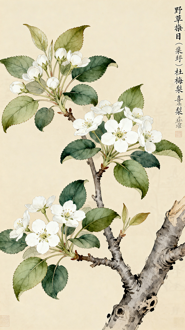 植物学科普图鉴风格，一株开花的野棠梨，也就是杜梨，同时展示花朵、叶片、枝干的形态细节，米色背景，工笔淡彩与古籍书页结合，画面留出文字标注位置，整体如《本草纲目》古插图与现代设计融合，古朴雅致，柔和侧光，高清扫描质感，竖构图