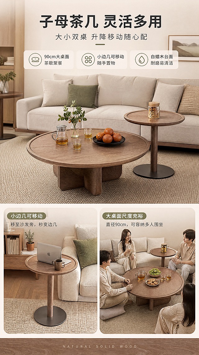 [商品] 使用【图2】圆形子母茶几；保留白蜡木圆形大桌面、小边几子母高低组合形态、实木桌腿、木纹质感；产品颜色、材质、比例、结构与原图一致；演示升降/移动功能时保留产品原貌。
[画面] 页面目标：升降子母茶几功能演示，展示大桌面+小边几的灵活组合与多场景使用。上半部分为主场景：茶几放在沙发前，桌面上摆放茶具和水果，体现茶歇场景；下半部分左右分两格：左格展示小边几可移动到沙发旁当边几用（办公/放笔记本场景），右格展示大桌面尺度（90cm直径可容纳多人围坐）；主体占画面约65%，暖调自然光。
[视觉] 套系策略：风格=日式原木风北欧自然感商业家居摄影；标题字=思源黑体粗体；正文字=思源黑体常规体；主色=原木棕+米杏色；背景延展=基于米杏色和原木棕做深浅层级、同色渐变和细腻木纹/织物质感；强调色=橄榄绿，仅用于小面积图标、引线和标签；标题色=深炭灰；正文色=中暖灰；组件=圆角浅底信息卡、细线引线、木质纹理装饰条；光影=左前侧暖调自然光，柔和漫射。
[文字] 顶部主标题「子母茶几 灵活多用」（8字），副标题「大小双桌 升降移动随心配」（12字）；下方3个功能标签：「90cm大桌面 茶歇聚餐」「小边几可移动 随手置物」「白蜡木台面 耐磨易清洁」；文字横向排版，不遮挡产品主体。
[规格] 图片比例9:16竖版，4K分辨率，负向提示：避免变形、错字、文字过小、产品结构改变、颜色偏差、冷蓝背景、虚假功能承诺。