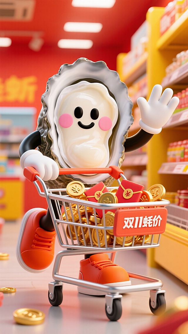 中心是一只拟人化的生蚝，外壳呈灰色，内里是奶白色的蚝肉，绘有黑色小眼睛、微笑和粉红腮红，白手套，橘红色的鞋子。它在一只手招手，另一手推着购物车。购物车里面有很多红包和金币，有一些已经溢出来了，购物车上面写着“双11蚝价”。主色调为红色，橙色和黄色。在超市里。