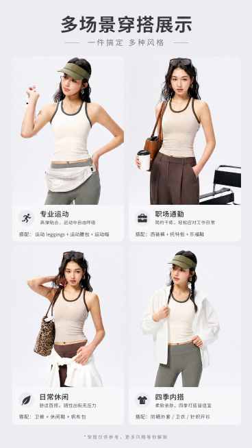 [第7屏] 多场景穿搭展示页，分四个小模块展示专业运动、职场通勤、日常休闲、四季内搭四种场景，每个场景配简要搭配说明，用图1和图4模特分别展示不同穿搭，浅灰底色，布局清晰，9:16竖版，4K，负向提示预览效果
