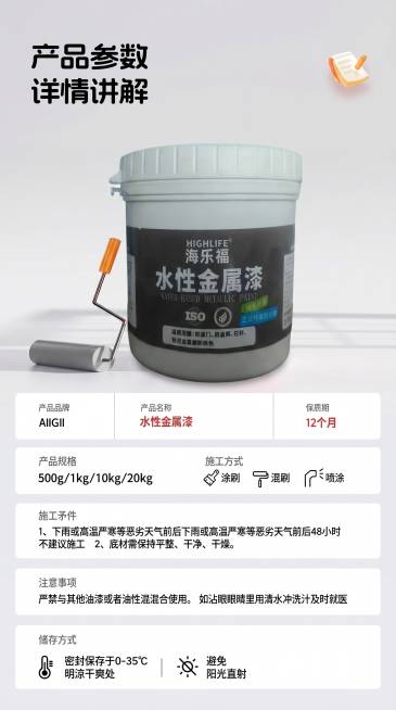 保留原图的整体布局、文字信息和滚刷道具，将图中原产品包装替换为第二张图片中的海乐福水性金属漆包装，保持产品桶形状、光照和视角一致预览效果