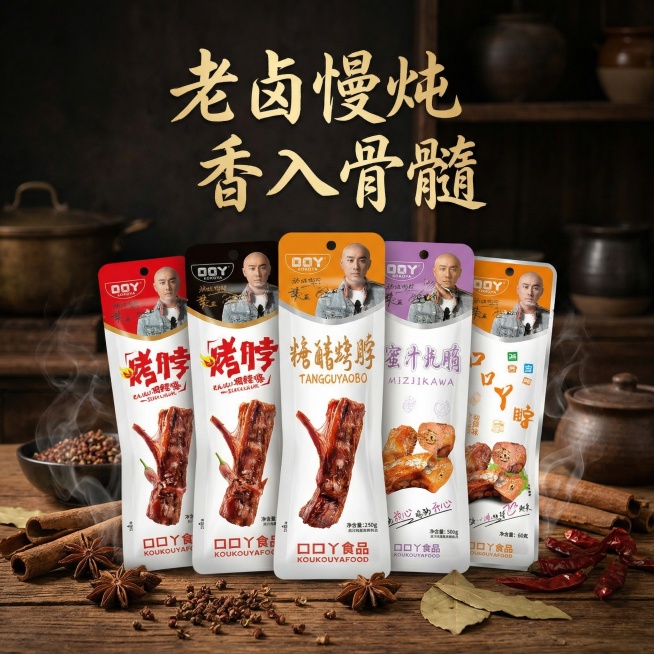将背景替换为带有香料点缀的暗调场景，展示鸭脖的卤制细节，添加文案"老卤慢炖 香入骨髓"，打造高级食欲感，凸显卤味醇厚卖点预览效果