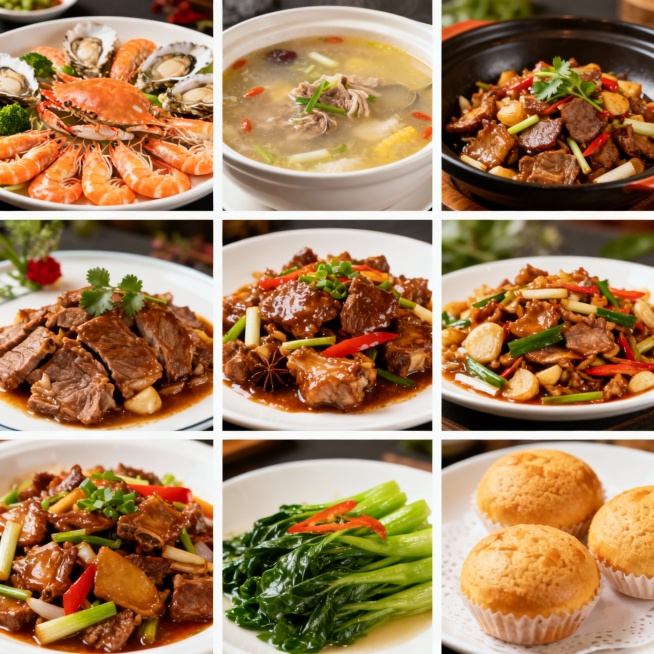 生成一张菜品九宫格图，要求有海鲜有汤有肉有炒菜有蔬菜有点心预览效果