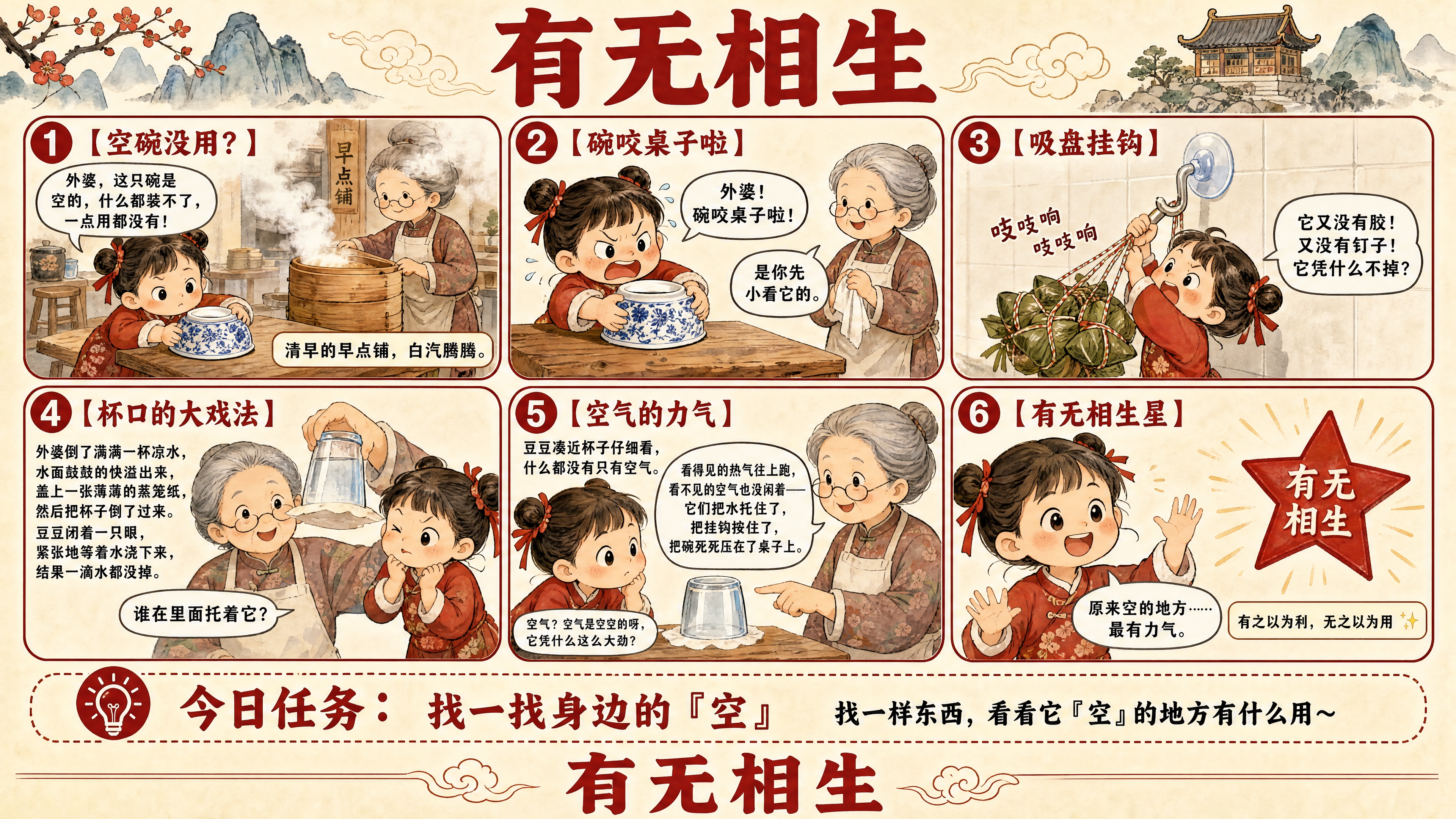横版16:9六格儿童成长漫画海报，Q版国风水彩风格，4K超高清… - 图片创意预览